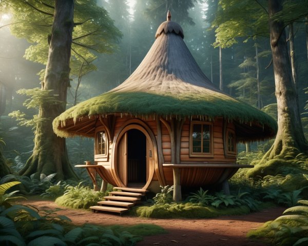Whimsical Wooden Cottage in a Lush Green Forest