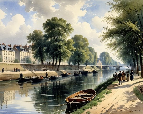 Tranquil Riverbank with Lush Trees and Elegant Buildings