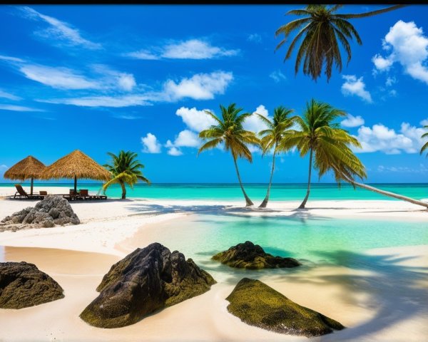 Tropical Beach Scene with Sand, Water, and Palm Trees