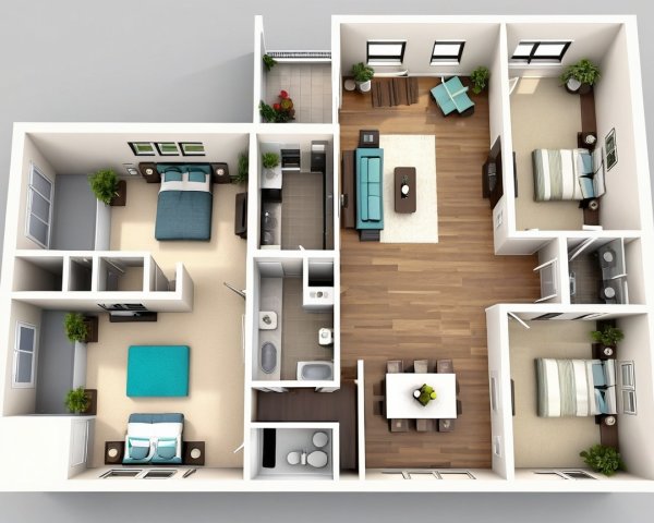 3D Floor Plan of a Modern Apartment Layout