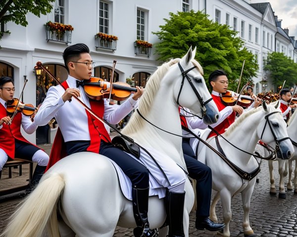 Musicians on White Horses in Elegant Red and White Attire
