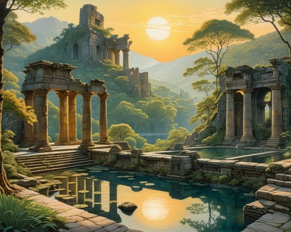 Serene Sunrise Landscape with Ancient Ruins and Hills