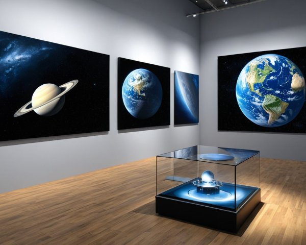Modern Art Gallery with Cosmic-Themed Paintings