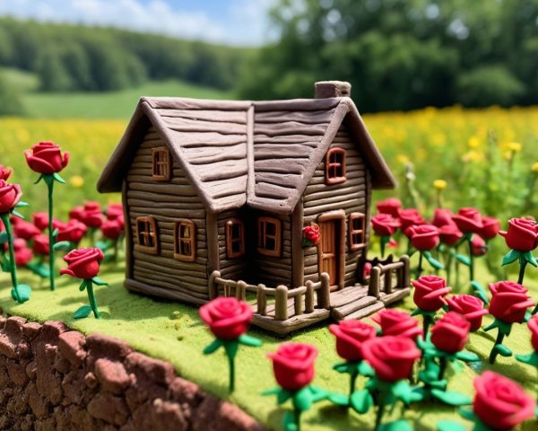 Miniature Clay House Surrounded by Red Roses and Greenery