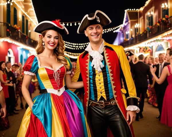 Vibrant Celebration with Colorful Costumes and Lights