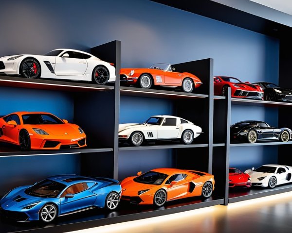 Miniature Luxury Cars on Stylish Display Shelves