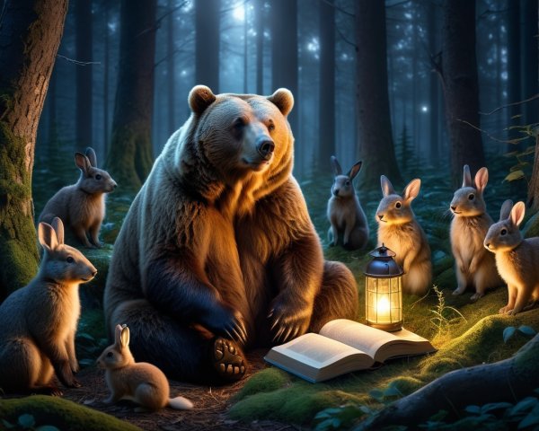 Bear and Rabbits in Moonlit Forest Scene