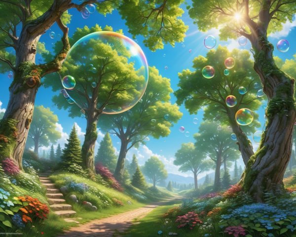 Vibrant Forest Scene with Trees, Flowers, and Bubbles