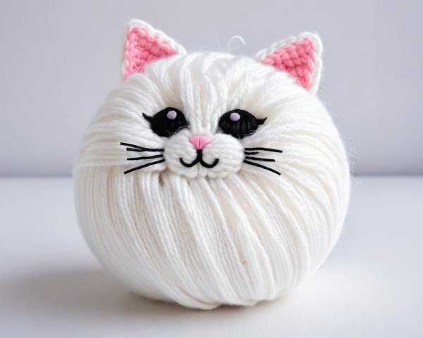 White Yarn Cat Ball with Cute Features and Details