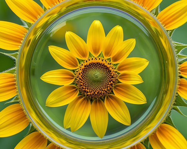Vibrant sunflower with magnifying sphere and green backdrop
