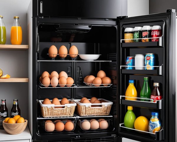 Organized Refrigerator with Drinks and Eggs Display