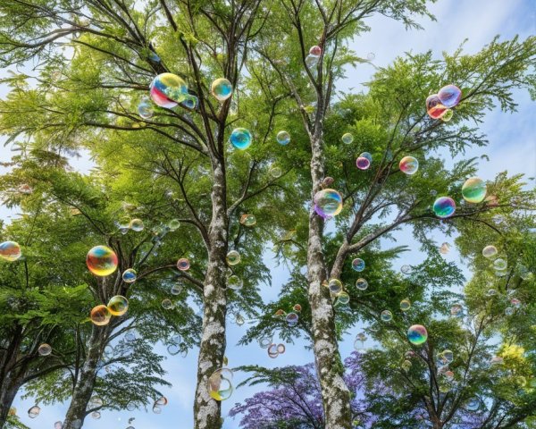 Tall Trees and Colorful Bubbles Under Blue Sky