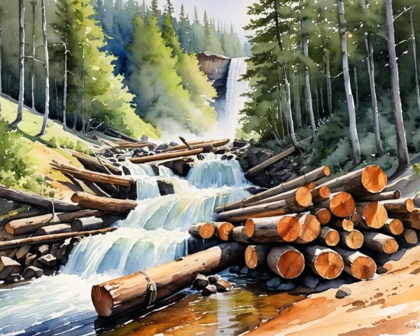 Cascading Waterfall in a Lush Green Landscape