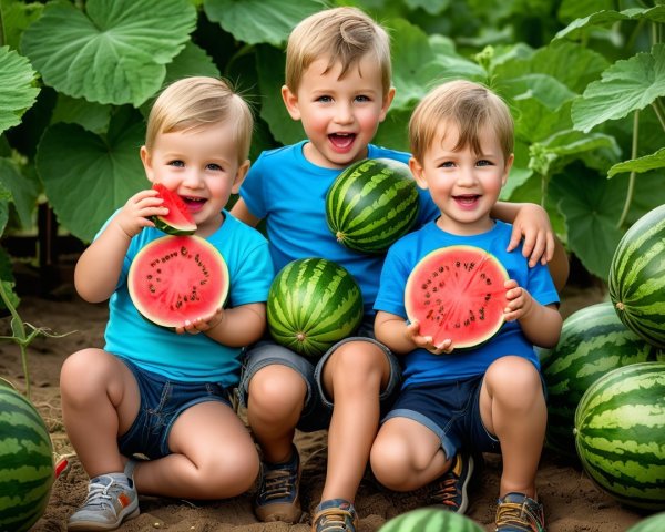 Young Boys in Watermelon Patch with Bright Smiles