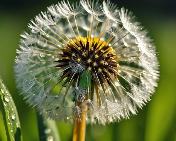 Close-Up of a Blooming Dandelion with Dew Drops