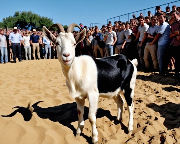 Goat in Arena Surrounded by Engaged Spectators