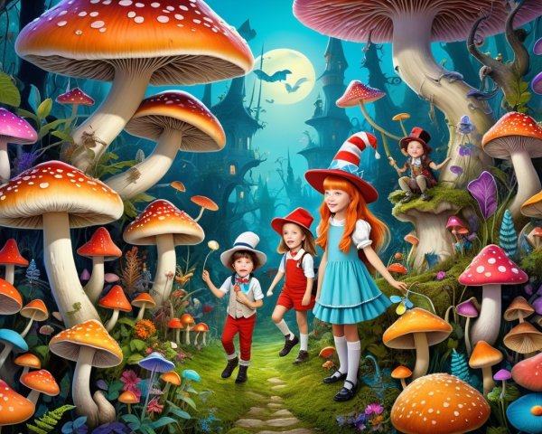 Children Exploring a Colorful Enchanted Forest