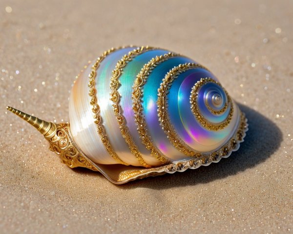 Ornate Seashell with Iridescent Colors on Sandy Beach
