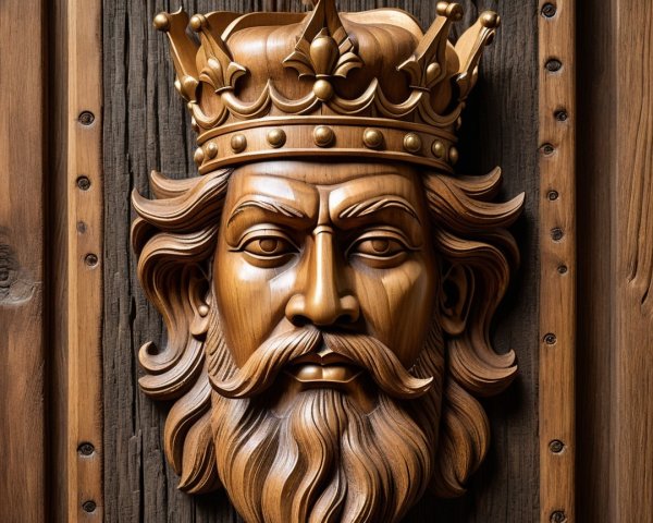 Detailed Wooden Carving of a King's Head with Crown