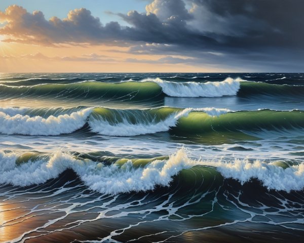 Seascape at Sunset with Waves and Dramatic Clouds