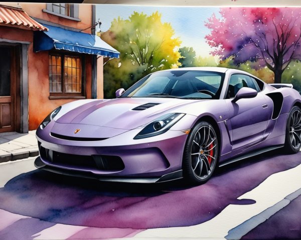 Purple Sports Car on Picturesque Street with Trees