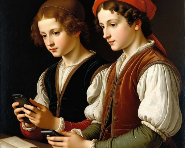 Renaissance-style painting of two young men with phones