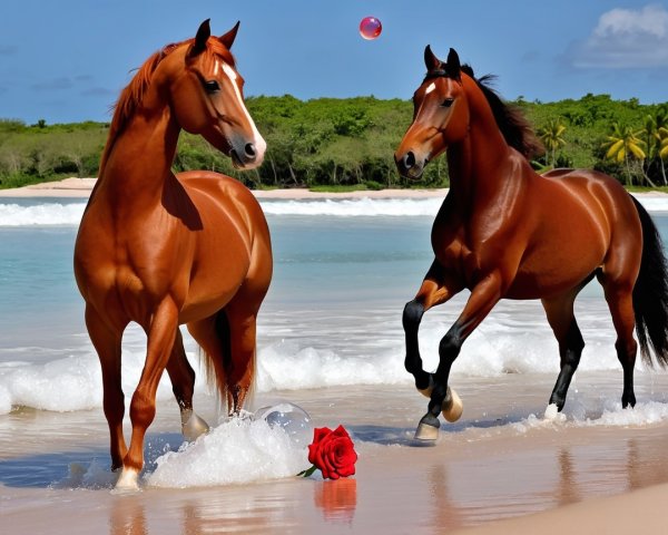 Brown horses in turquoise ocean water on sandy beach