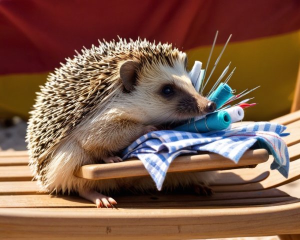 Hedgehog on Wooden Surface with Sewing Supplies