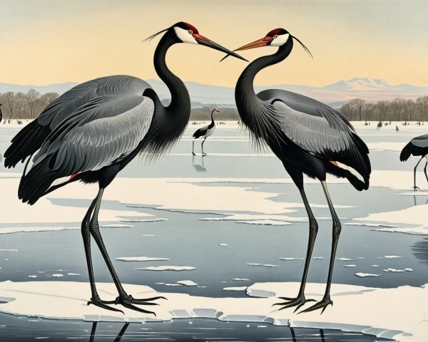 Japanese Cranes on Ice with Snowy Landscape Background