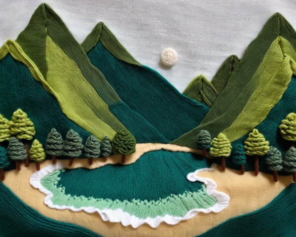 Embroidered Landscape with Mountains, Lake, and Trees