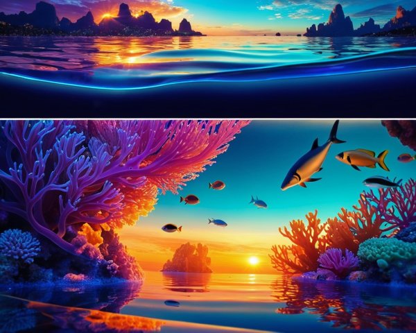 Vibrant Sunset and Colorful Underwater Scene Description