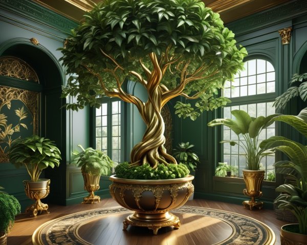 Lavish Indoor Space with Twisted Tree and Elegant Decor