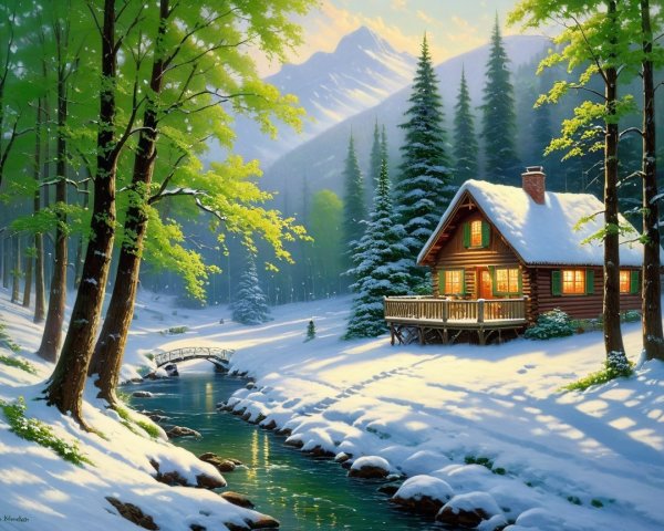 Winter Landscape with Cabin and Snowy River Scene