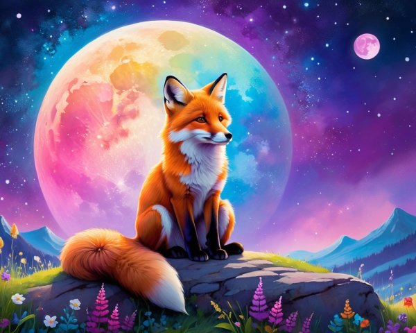 Majestic orange fox in a vibrant night landscape