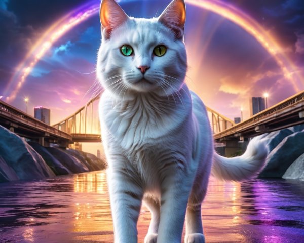 Majestic white cat by riverside at sunset with skyline