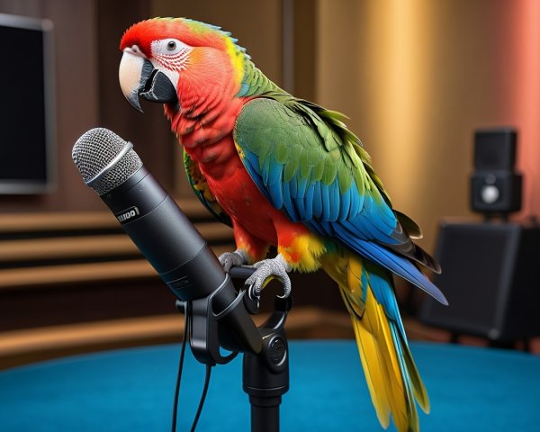 Colorful Macaw Perched on Microphone in Studio Setting