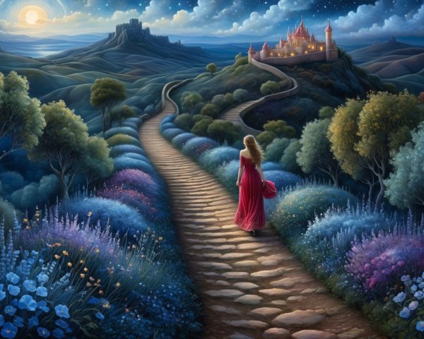 Blonde Woman in Red Gown Approaching Stone Castle