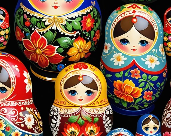 Vibrant Collection of Russian Nesting Dolls on Black Background