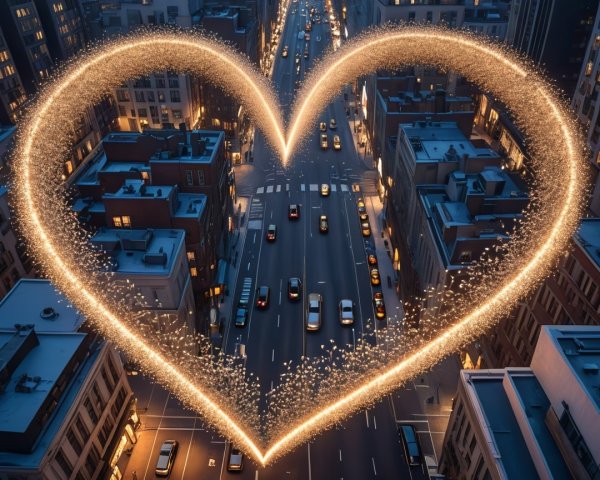 Aerial View of a City Street at Dusk with Heart Shape