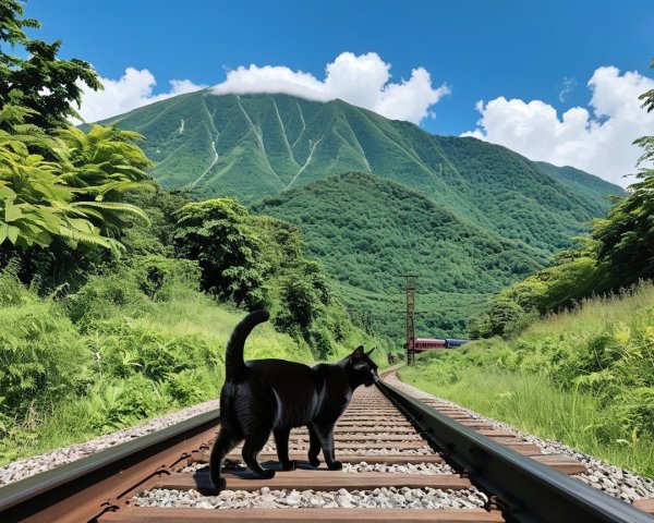 Black Cat on Train Tracks Amidst Scenic Landscape