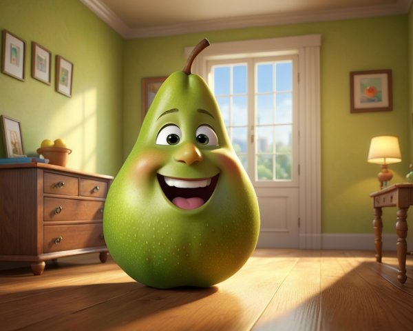 Cheerful animated pear character in cozy room setting