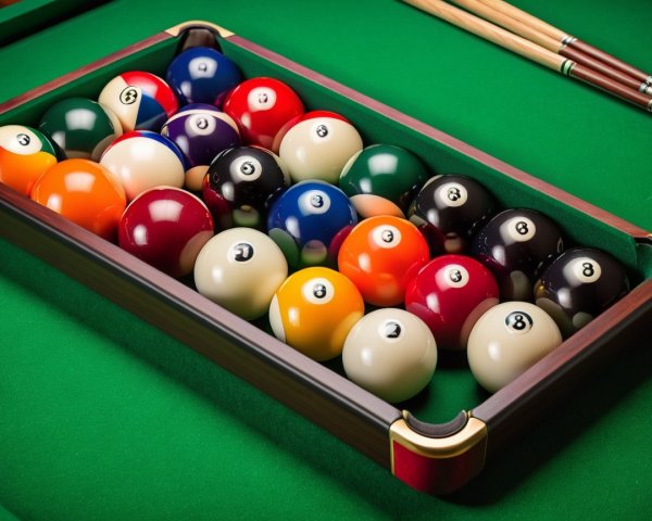 Billiard Balls in Triangle Rack on Green Pool Table