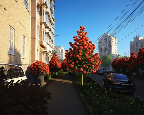 Vibrant Urban Street Scene with Orange Flowering Trees