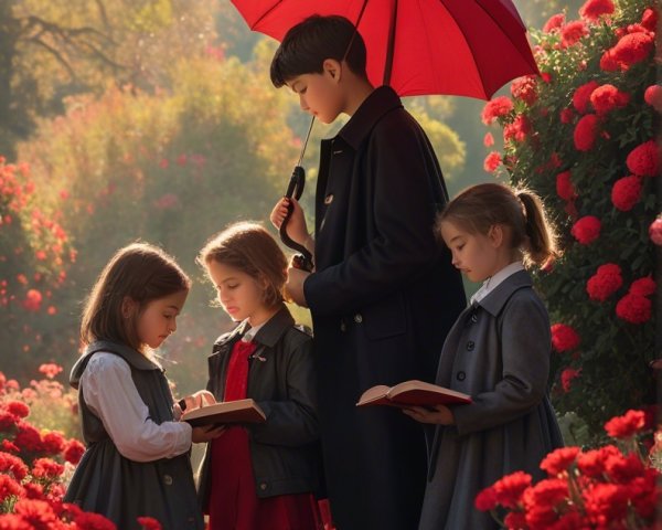 Children in a Garden with Red Flowers and Umbrella