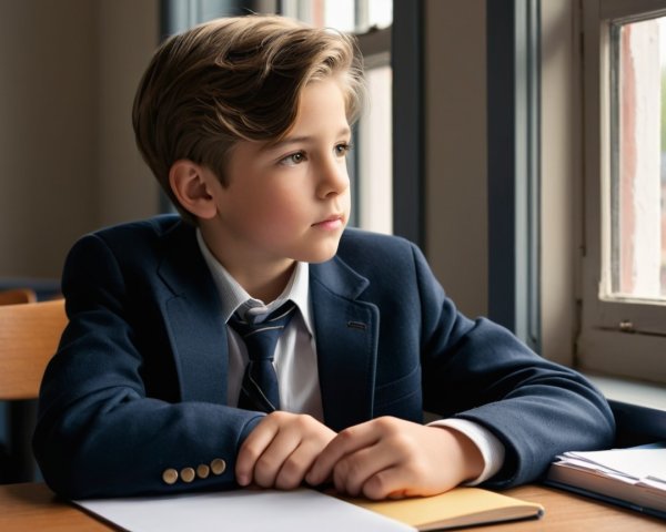 Young Boy in Navy Blazer at Wooden Desk by Window