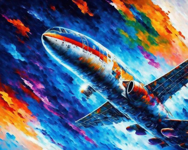 Impressionistic Painting of Airplane in Colorful Sky