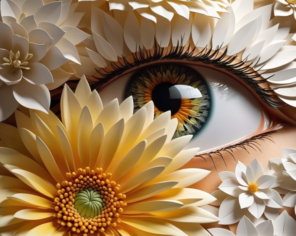 Hyperrealistic Eye Surrounded by Paper Flowers