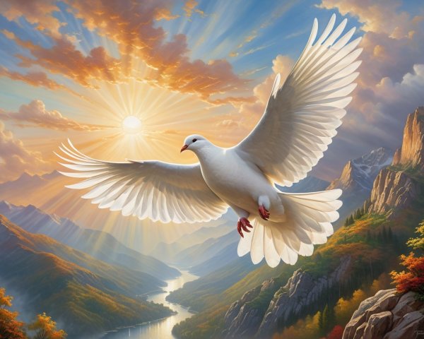 White Dove in Vibrant Sunset Sky Over Scenic Landscape