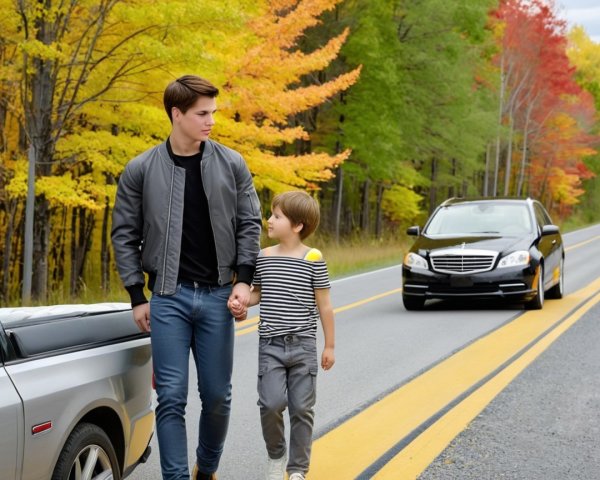 Young Man and Boy Walking on Autumn Tree-Lined Road