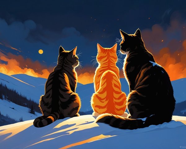 Three Cats on Snowy Hill at Sunset with Moon
